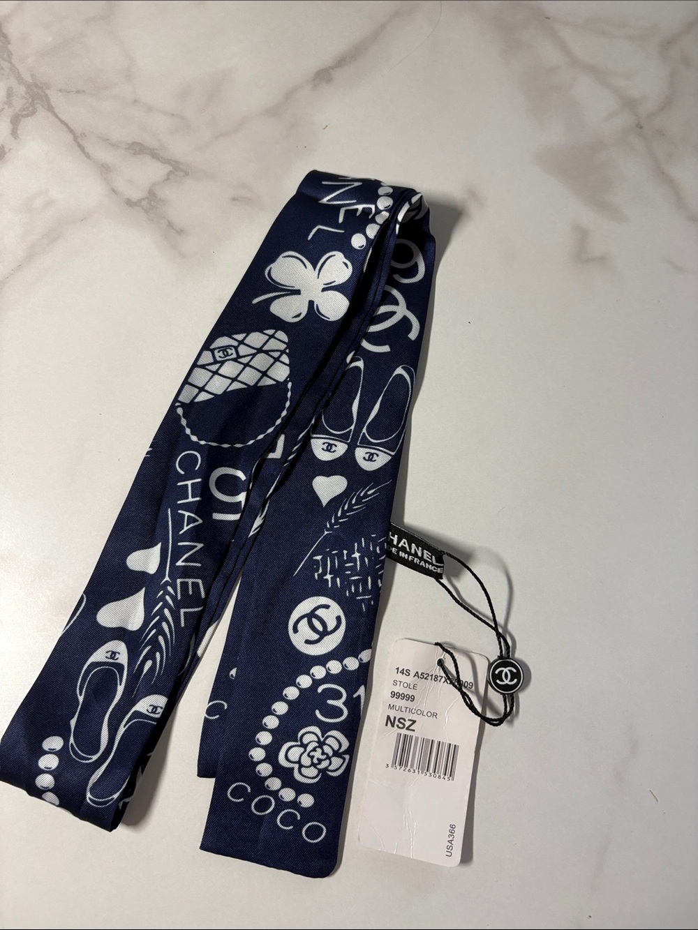 C Navy and White Printed Silk Hair Twilly